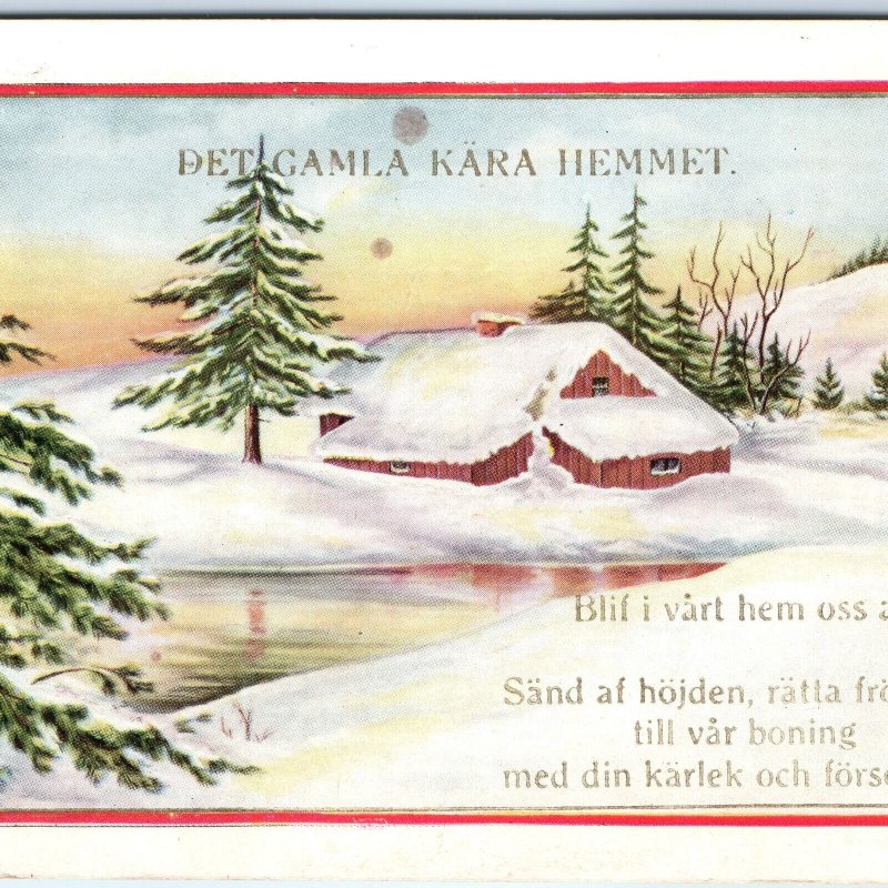 c1910s Sweden Xmas Winter Landscape Snow Cabin Pine Trees Lake Sunset Poem A344