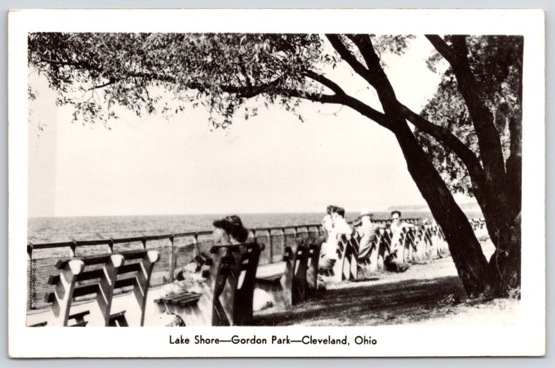 Lake Shore Gordon Park Cleveland Ohio OH Benches Ocean RPPC Real Photo Postcard