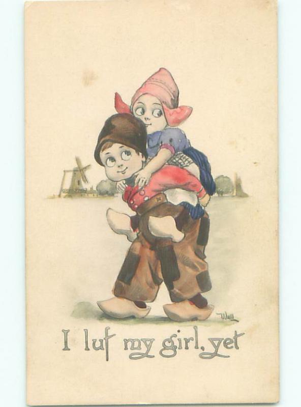 Pre-Linen signed GIRL GETS PIGGYBACK RIDE FROM BOY AC1909