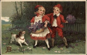 Best Wishes Girl and Boy in Red with Barking Dog c1910 Vintage Postcard
