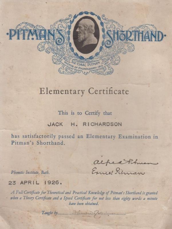 Pitmans Shorthand 1926 Bath Institute Certificate