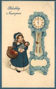 German New Year Little Girl w/ Doll Clock Strike Midnight c1910 Postcard