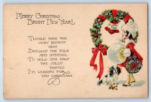 c1910's Christmas And New Year Message Wreath Berries Girl Handwarmer Postcard