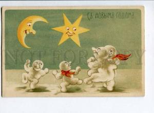 258414 Russia NEW YEAR MOON dancing snowmen Vintage postcard