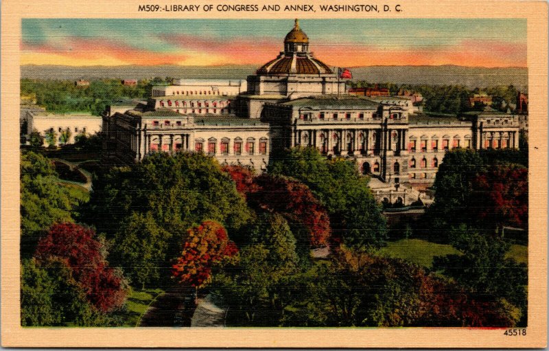 Vtg 1930s Library of Congress and Annex Washington DC Unused Linen Postcard