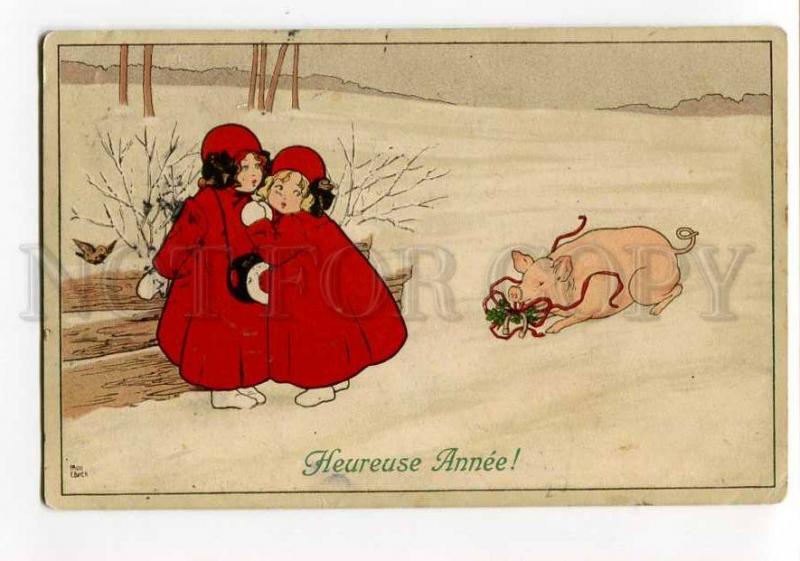 264932 NEW YEAR Girls PIG by Pauli EBNER old Vienne Munk #403