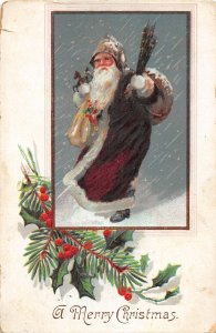 J24/ Santa Claus Christmas Postcard c1910 Purple Suit Snow 132