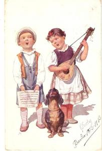 \Children and dog singing\ Nice antique Austria postcard