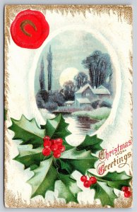 Holiday~Holly Homes On River Christmas Greeting~Vintage Postcard