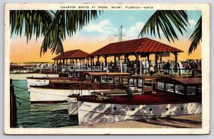 1938 Charter Boats At Piers Miami Florida Crowded Fishing Boats Posted Postcard