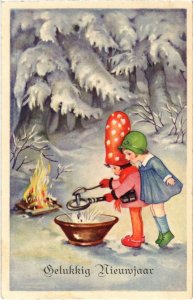 CPA AK Girl in a Mushroom Hat - New Year - Artist Signed CHILDREN (1293246)