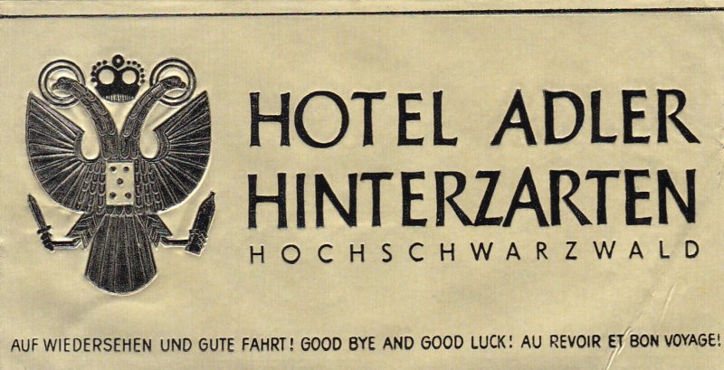 Germany Hinterzarten Hotel Adler Vintage Luggage Label sk2355