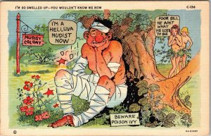 Nudist Colony, Naked Girls, 1930s Comic Linen Postcard Poison Ivy JH7