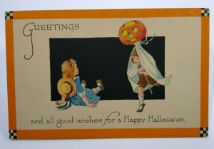 Antique Halloween Postcard Gibson Children Checkered Corners Unused Original