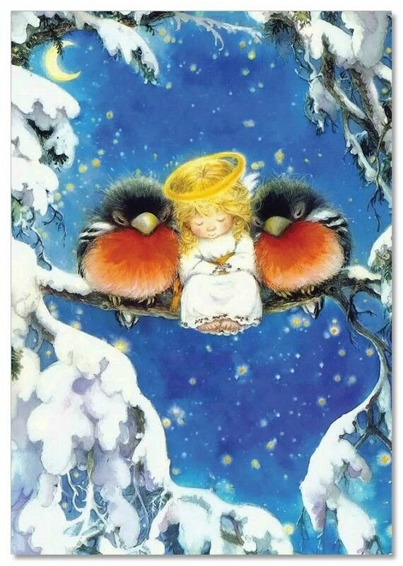 Lisi MARTIN~ LITTLE ANGEL bullfinch Bird MOON Christmas Stars ART KIDS postcard