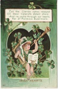 ST PATRICK'S DAY   CHILD w HARP and HORN  1908 postcard