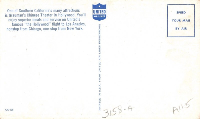 United Air Lines Postcard Grauman's Chinese Theater Ca. 2R4-582 