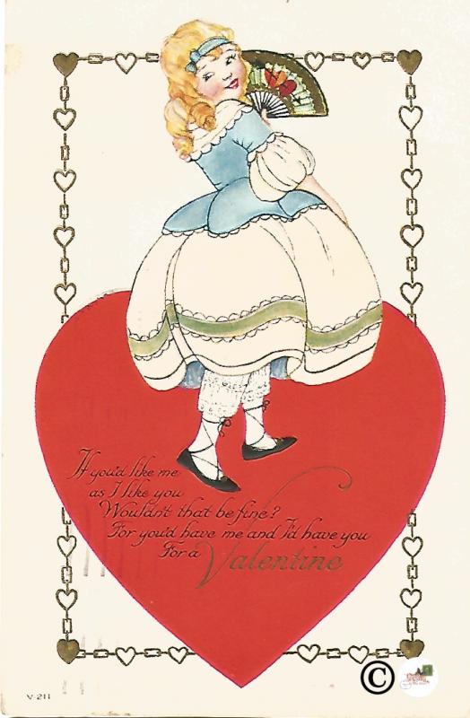 Lady with Fan on Red Heart Flirting Valentine's Day Greeting Vintage Postcard