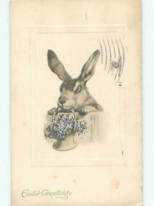 Pre-Linen Easter CUTE BUNNY RABBIT HOLDING FLOWER BASKET AB3667