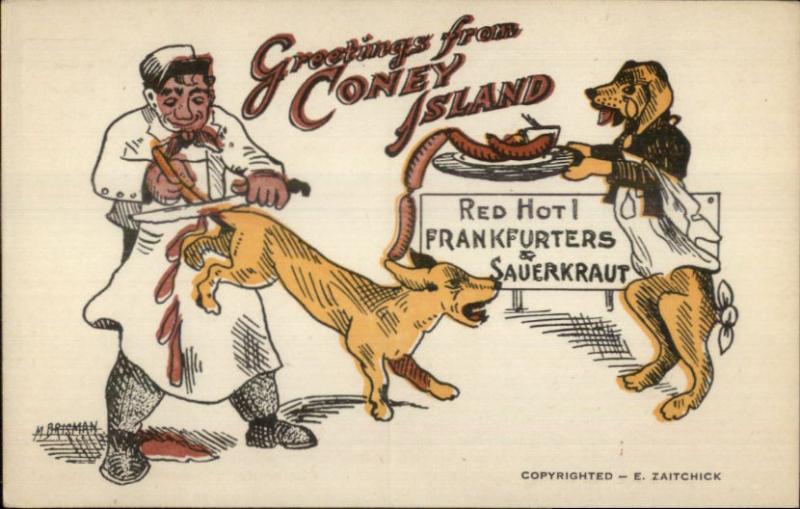 Coney Island Hot Dogs - Butcher Dog Waiter Comic c1915 Postcard bck