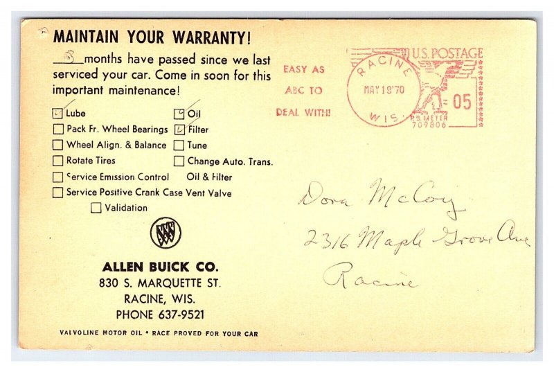 1920 Stutz Bearcat Postcard Service Notice Allen Buick Co. Racine Wisconsin