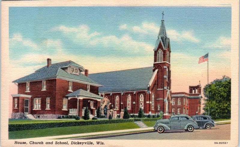 DICKEYVILLE, WI Wisconsin   HOLY GHOST CHURCH & School  c1930s  Cars   Postcard