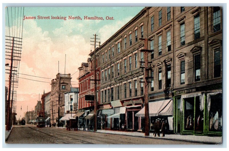 c1905 Trolley Car, Business College James Street Hamilton Canada Postcard