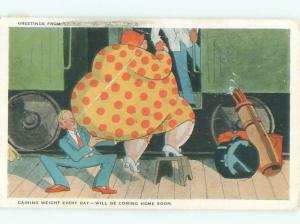 1940's Comic VERY FAT WOMAN GETTING INTO TRAIN CAR AB9550