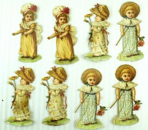 1880's Lovely Victorian Die Girls Holding Flowers Lot of 8 Z47