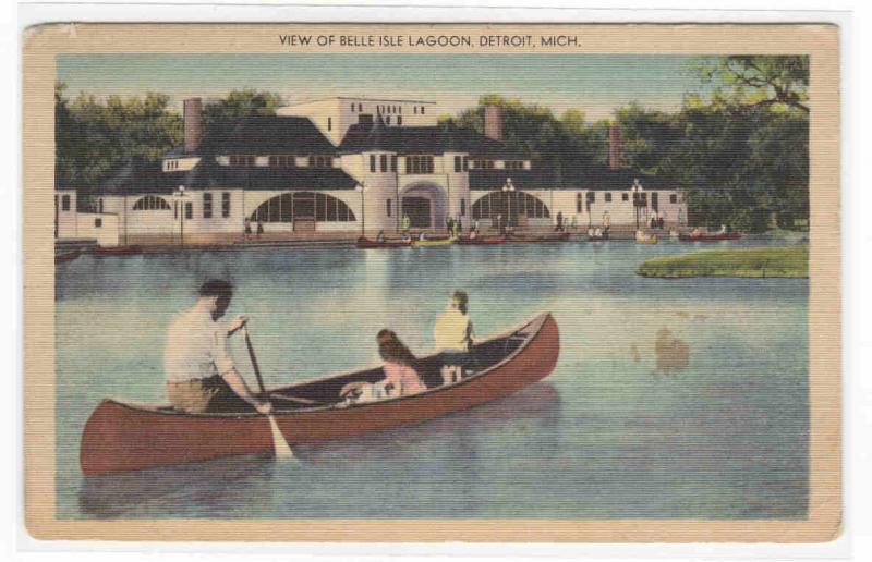 Family Canoe Canoeing Boat Belle Isle Lagoon Michigan 1948 postcard