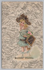Greetings~Little Girl With Flowers Birthday Greeting~Vintage Postcard 