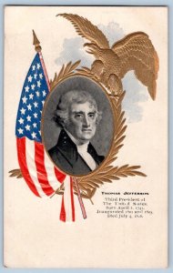 Pre-1907 THOMAS JEFFERSON EMBOSSED PATRIOTIC GOLD EAGLE AMERICAN FLAG POSTCARD