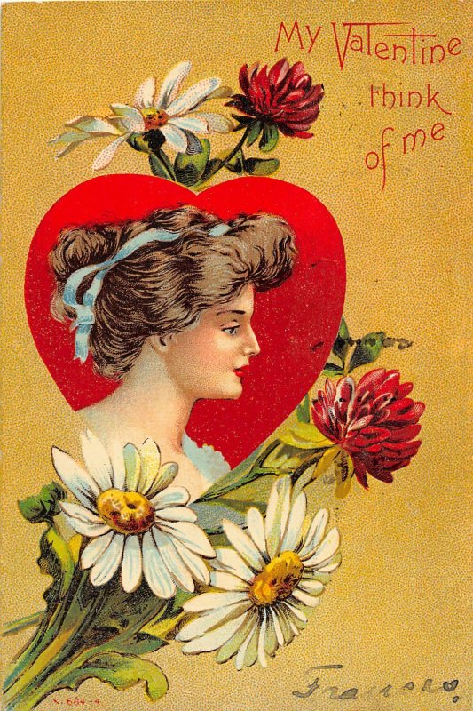 F76/ Valentine's Day Love Holiday Postcard c1910 Beautiful Girl Heart 9