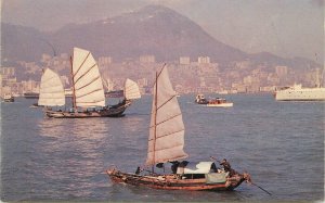 Postcard Hong Kong View of the Harbor boats 1950s 23-684