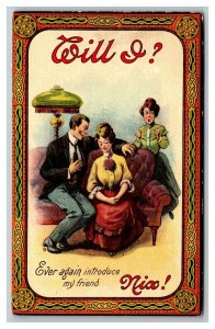 Vintage 1910's Comic Postcard - Woman Introduces Man to a Friend - Regrets it!