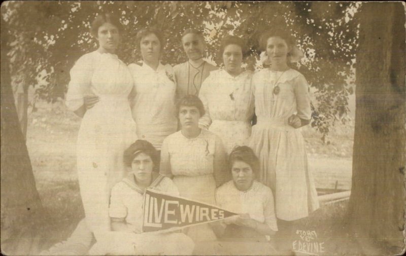 Group of Women Silly Playful LIVE WIRES PENNANT c1910 Real Photo Postcard