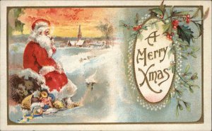 Christmas Santa Claus With Toys Winter Scene c1910 Vintage Postcard