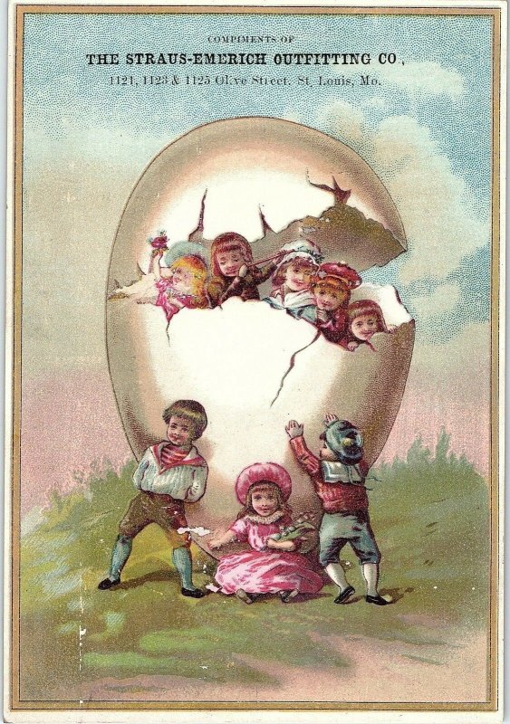 1880's Straus-Emerich Outfitting Co. W/ Prices Easter Egg Kids Trade Card &N