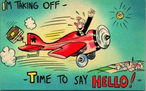Comic Airplane Taking off To Say Hello Linen Asheville Postcard Co UNP Unused 