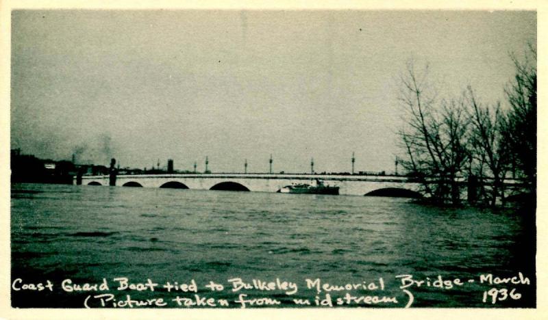 CT - Hartford. March, 1936. Great Flood. Coast Guard Boat tied to Bulkeley Me...