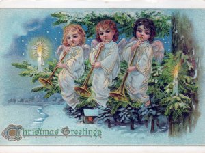 VINTAGE CONTINENTAL SIZE POSTCARD (REPRO) ANGELS TRUMPETS CHRISTMAS ANTIQUE 1874