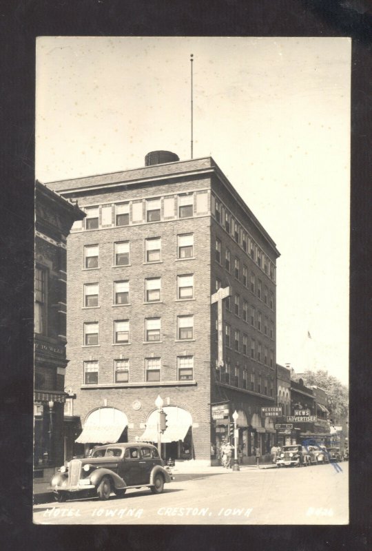 RPPC CRESTON IOWA HOTEL IOWANA DOWNTOWN OLD CARS VINTAGE REAL PHOTO POSTCARD