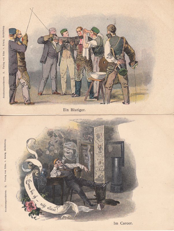 Studentika Germany Heidelberg fencing school students unit of 2 Litho postcards