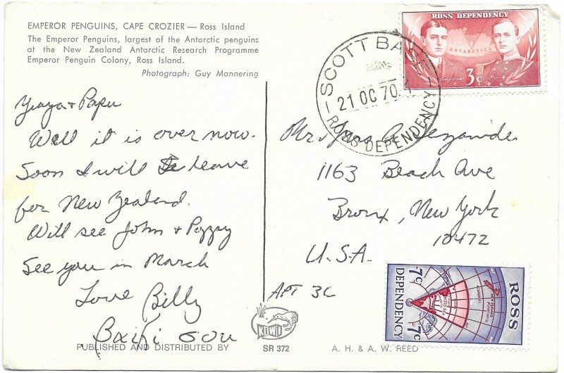 New Zealand, Ross Dependency, Scott Base. Emperor Penguins, Mailed 1970. Nice.
