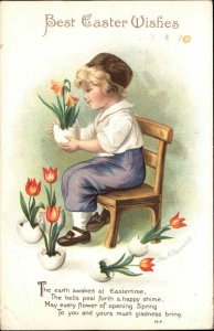 Clapsaddle Easter Int'l Art Little Boy with Tulips in Egg Cups Vintage Postcard