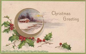 Clapsaddle - Christmas Greeting - Holly and Rural Scene pm 1907