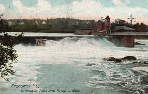 Vintage Postcard 1910's Brunswick Falls & Power Station Brunswick ME Maine