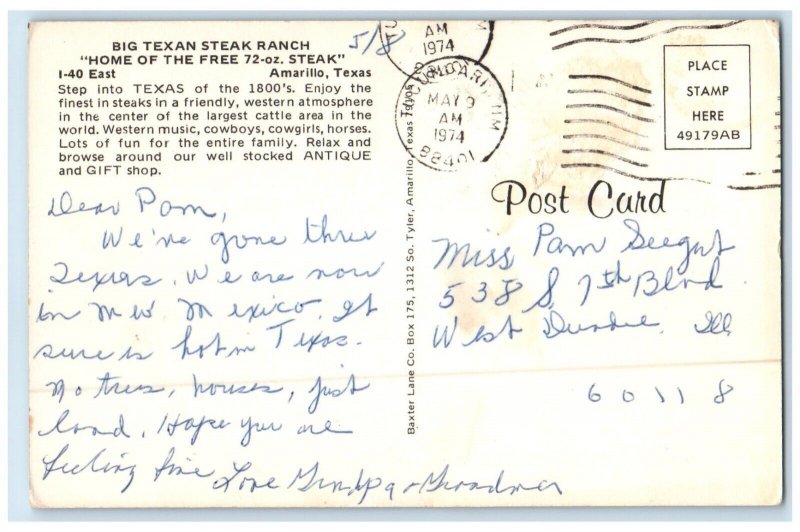 1974 Big Texas Steak Ranch Home Free Steak Gift Amarillo Texas Antique Postcard