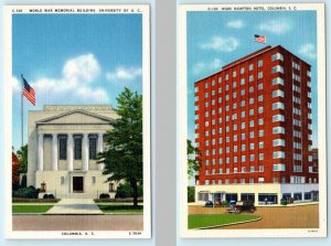 2 Postcards COLUMBIA, S.C. ~ World War Memorial, WADE HAMPTON HOTEL c1940s Linen