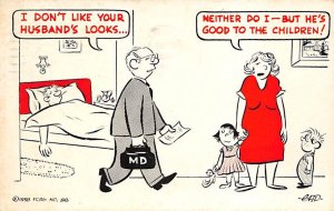 Man Sick in Bed, Dr and Wife Joking About Him Cartoon Occupation, Doctor 1960 